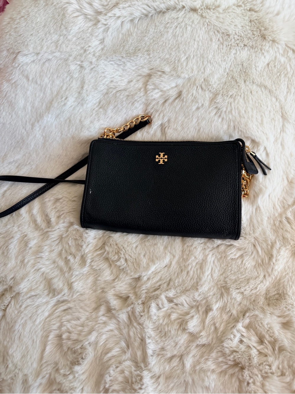 Tory Burch Black Pebbled Leather Crossbody with Gold Logo